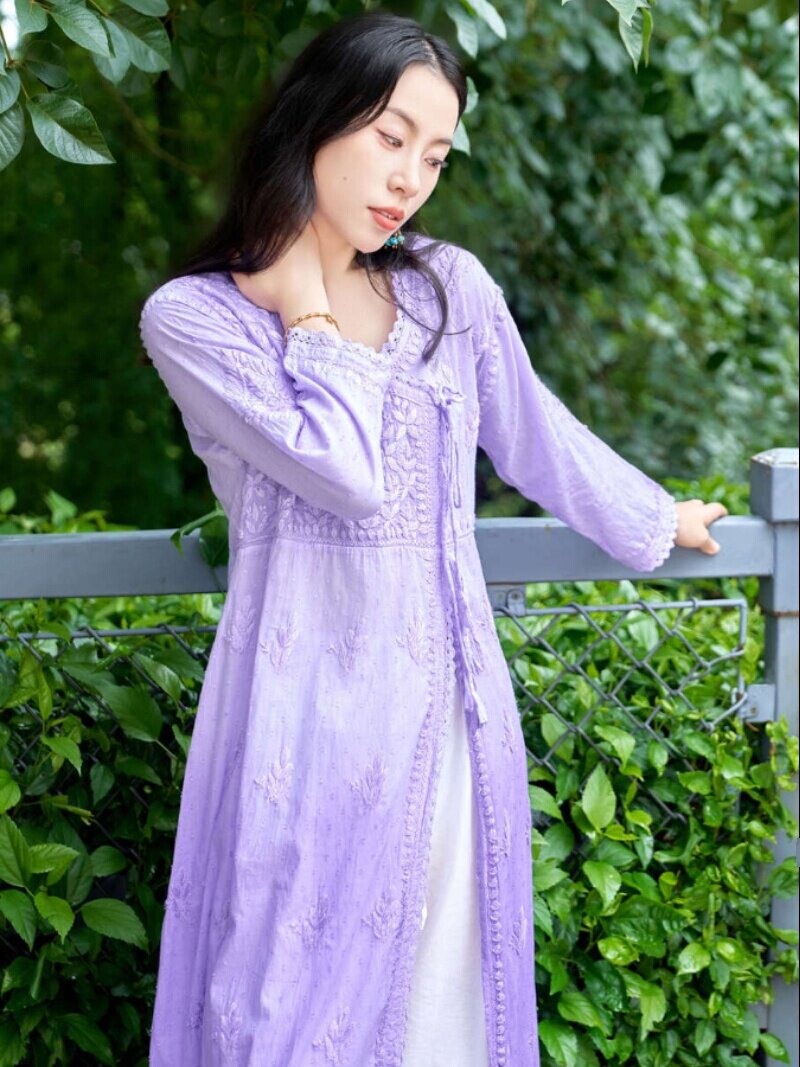 B1-1-2 INDIAN IMPORTED ETHNIC STYLE WOMENS MID-LENGTH COTTON GRADIENT PURPLE HAND-EMBROIDERED THIN TOP