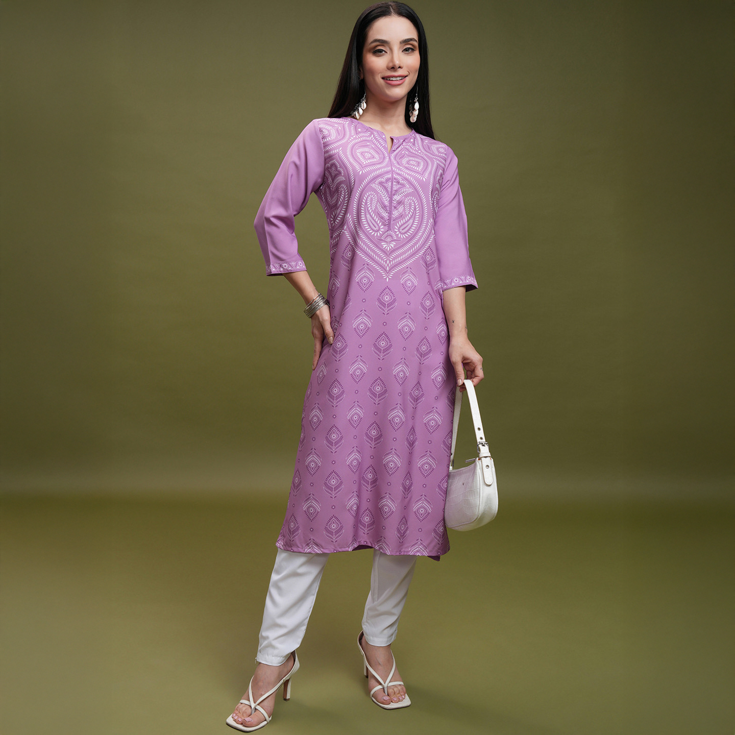 印度女装民族风格成人日常传统服装中长款春夏七分袖圆领印花上衣