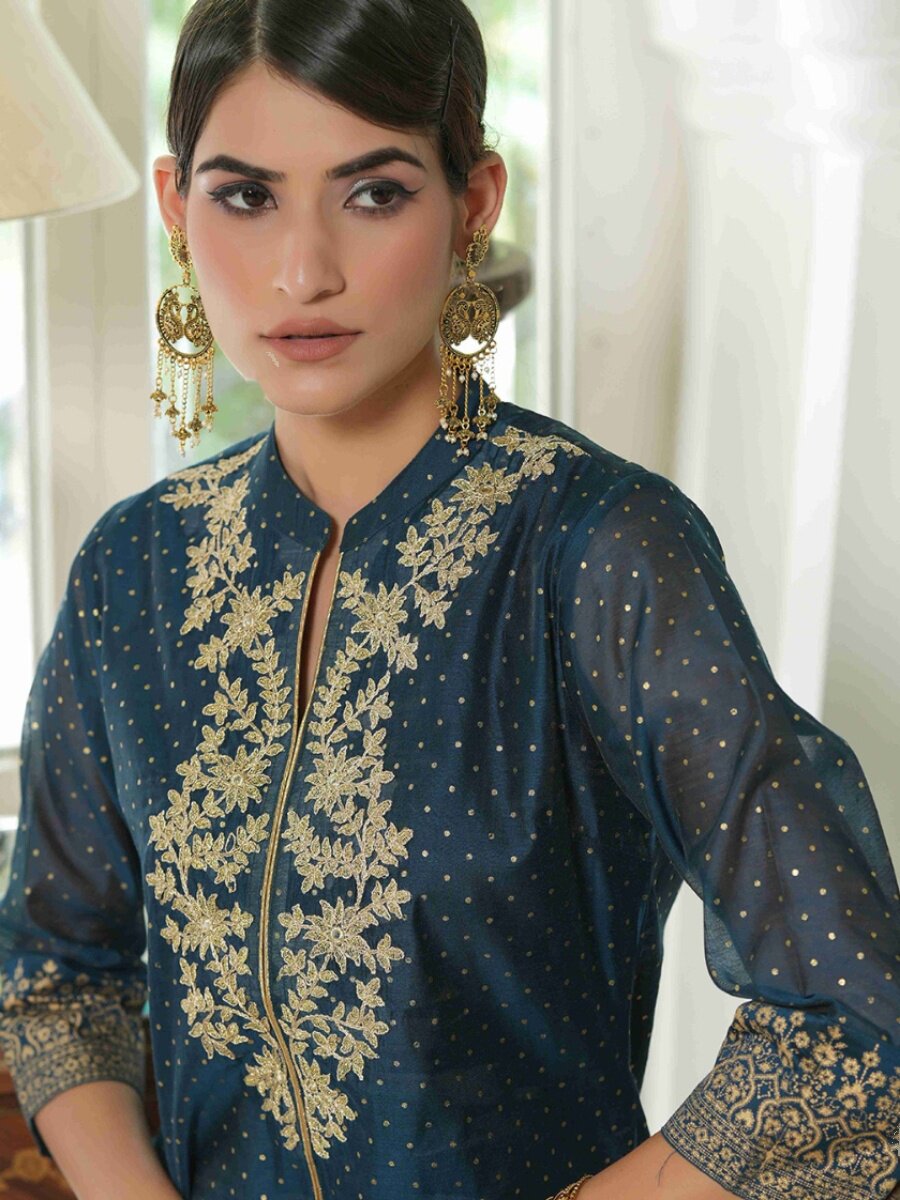 A8-1-2 NEW INDIAN IMPORTED ETHNIC STYLE SILK COTTON EMBROIDERY LONG TOP SMALL STAND COLLAR POLKA DOT BRONZING NAVY