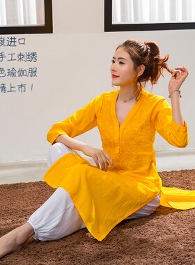 B4-1-4印度瑜伽服禅修服大师服女中长款纯棉刺绣薄款黄色民族风