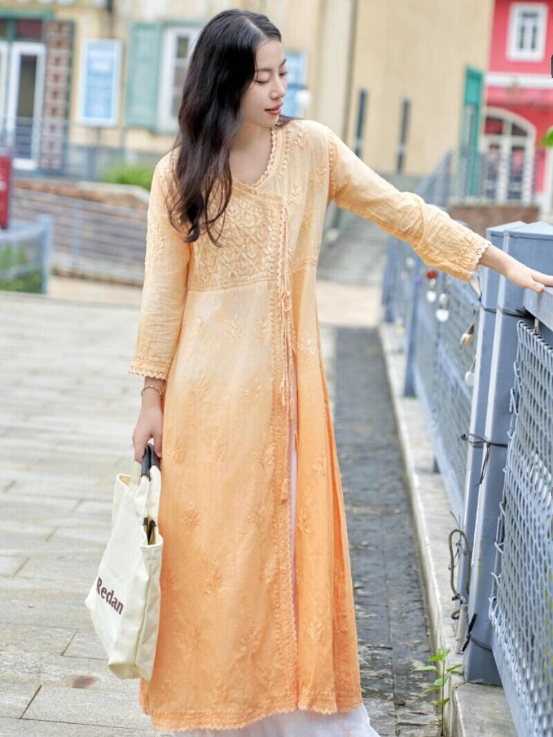 B1-1-2 INDIAN CLOTHING IMPORTED ETHNIC STYLE MID-LENGTH COTTON GRADIENT YELLOW HAND-EMBROIDERED THIN TOP IS BREATHABLE