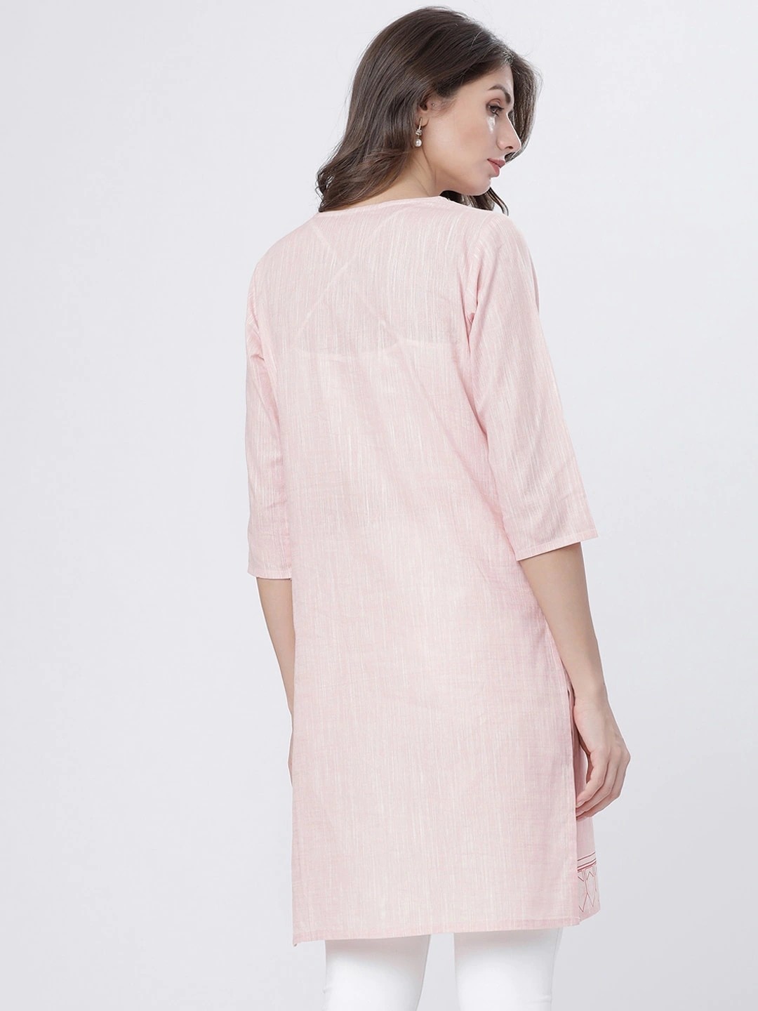 A4-1-4 INDIA IMPORTED ETHNIC STYLE WOMENS CLOTHING PRINTED EVERYDAY WEAR MIDI TOP COTTON PINK TRIPLE SLEEVE