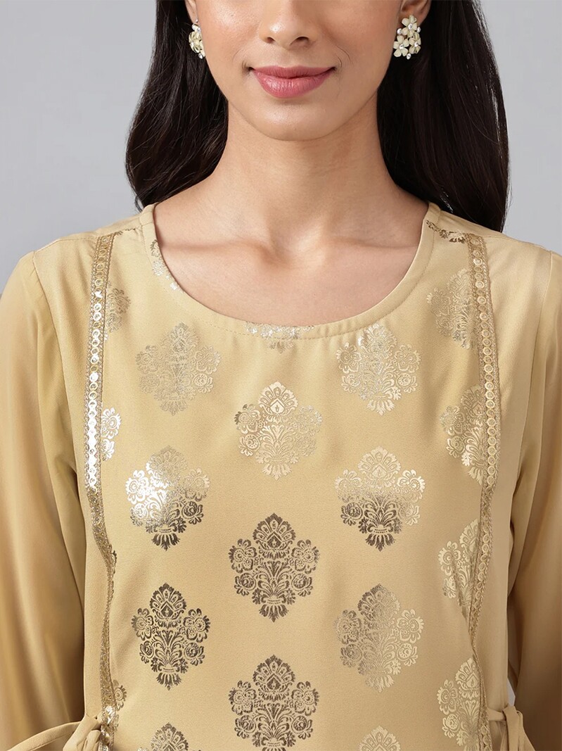 C2-1-4 INDIA IMPORT DRESS WOMENS PRINT CROPPED SLEEVES ROUND NECK DRAP WAIST DRAWSTRING LONG BEIGE 2024