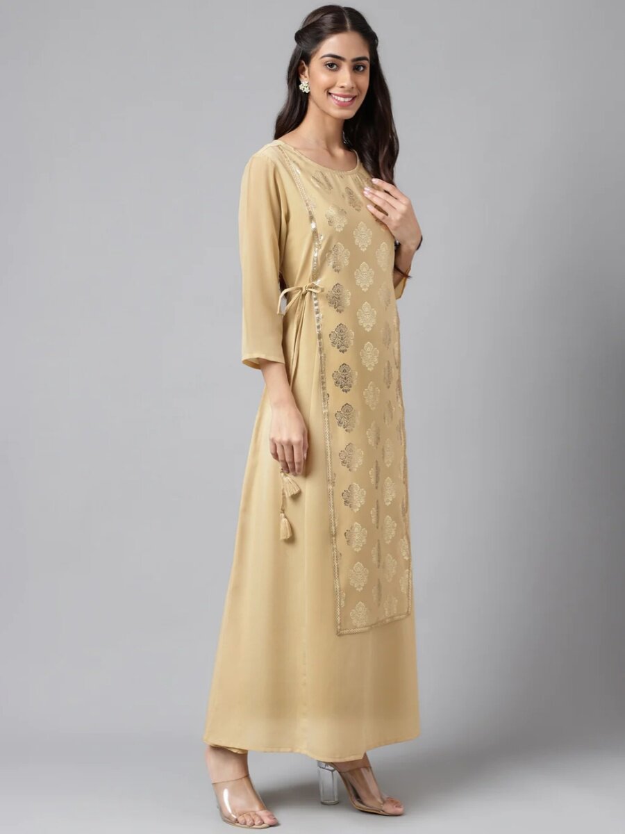 C2-1-4 INDIA IMPORT DRESS WOMENS PRINT CROPPED SLEEVES ROUND NECK DRAP WAIST DRAWSTRING LONG BEIGE 2024