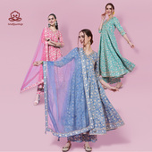 印度进口民族风情服饰女装 纯棉印花连衣裙七分袖 日常休闲3件套4色