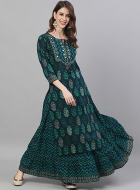 印度服饰进口民族风女装纯棉印花中长款2件套孔雀青紫色两色可选