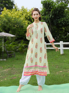 A7-1-4 印度纯棉印花淡黄色瑜伽服禅修服中长款民族风七分袖