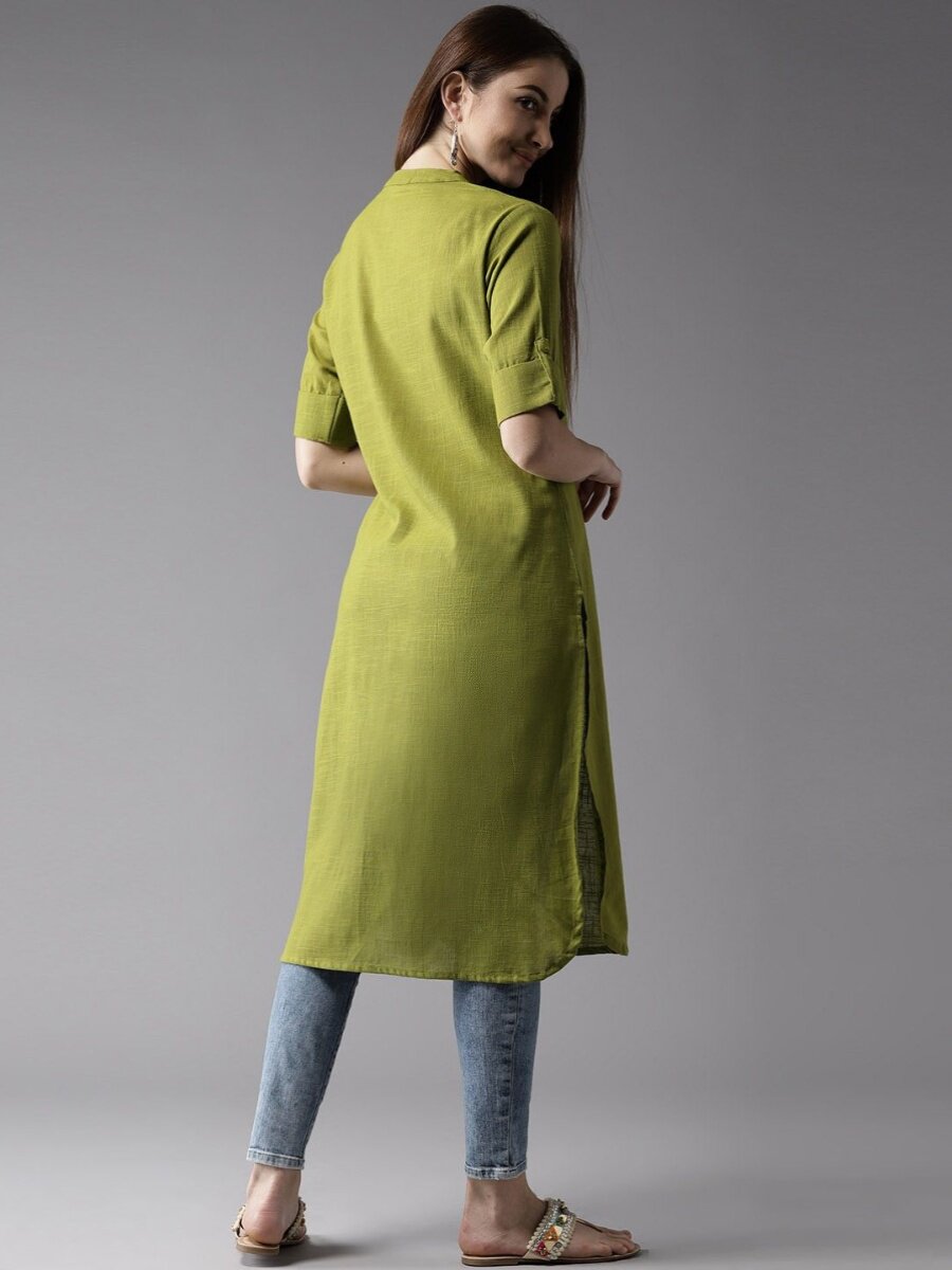 2024 SUMMER NEW INDIAN IMPORTED WOMENS COTTON TOP MID-LENGTH STAND-UP COLLAR CASUAL DAILY THIN GREEN