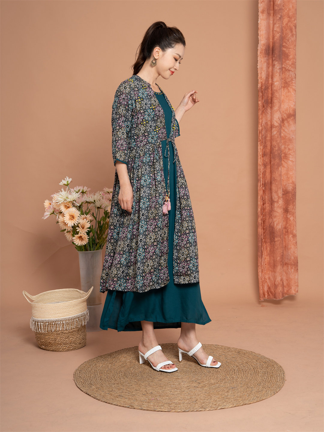 B8-2-4 INDIAN IMPORTED WOMENS GREEN COTTON SILK PRINTED ETHNIC STYLE MID-LENGTH FAKE TWO-PIECE BLOUSE THREE-QUARTER SLEEVES