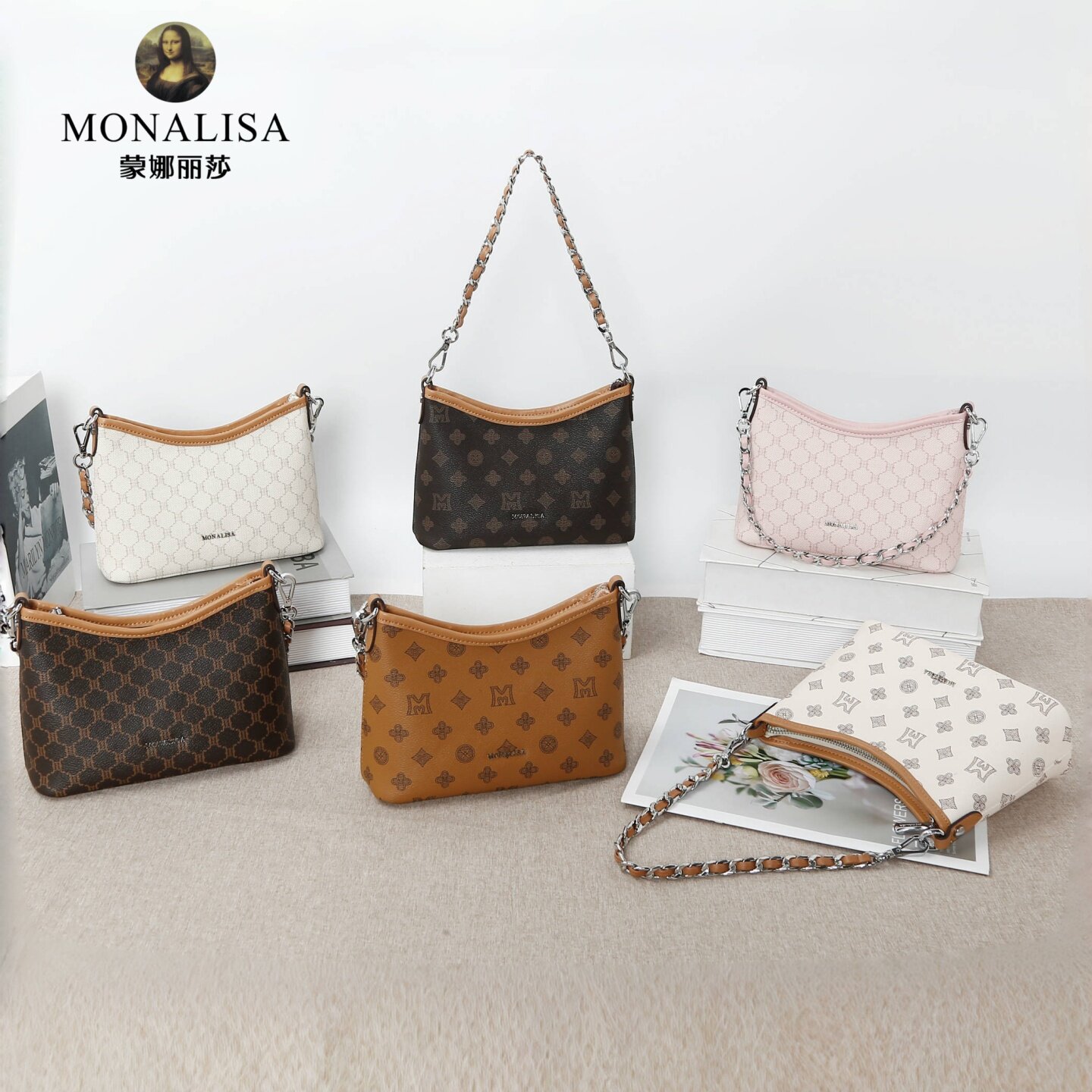 蒙娜丽莎女包2025秋季新款老花时尚百搭简约单肩斜挎腋下包小方包