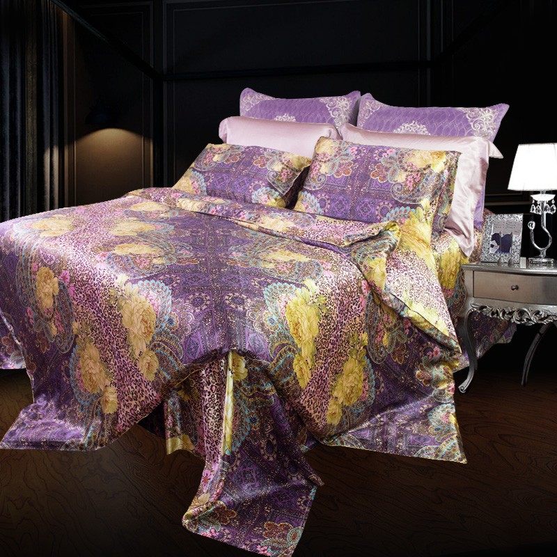 丝若水全印花双面真丝被套面料100%桑蚕丝被罩床品活性宽幅无拼接