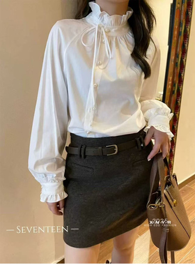 欧洲站2026早春新款欧货女潮宫廷风复古木耳边立领系带长袖衬衫