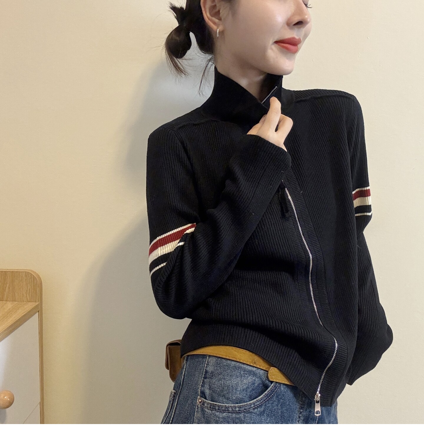 学院风拼条立领羊毛开衫女欧洲站2026秋季新款欧货短款针织外套潮
