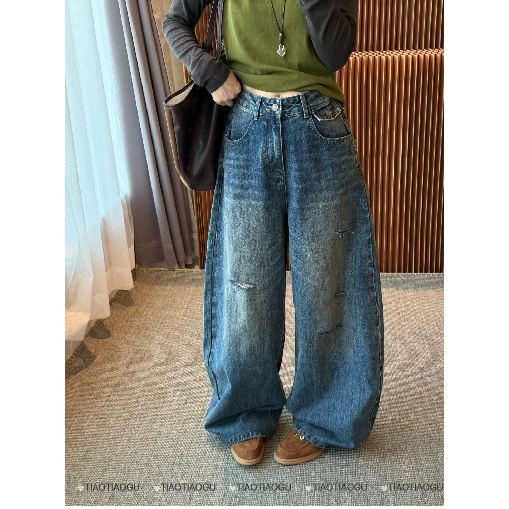 复古水洗破洞牛仔阔腿裤女欧洲站2026秋季新款欧货休闲直筒裤长裤