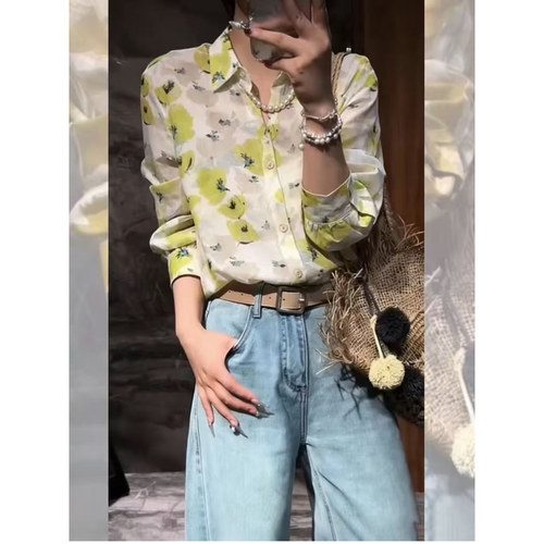 欧洲站2026春季新款欧货女潮韩版度假风复古碎花衬衣长袖苎麻衬衫