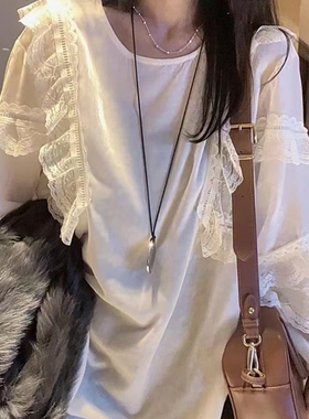 欧洲站2026早春新款女宽松气质蕾丝拼接圆领套头长袖丝绒衬衫上衣