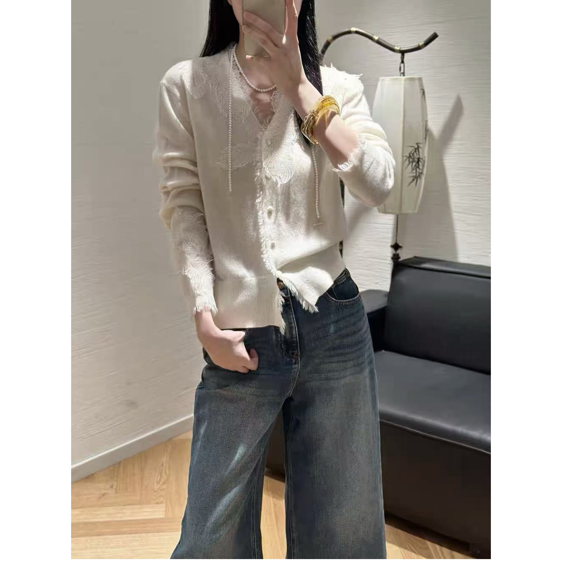 欧洲站2025秋季新款欧货女时尚蕾丝刺绣V领流苏羊毛针织开衫外套