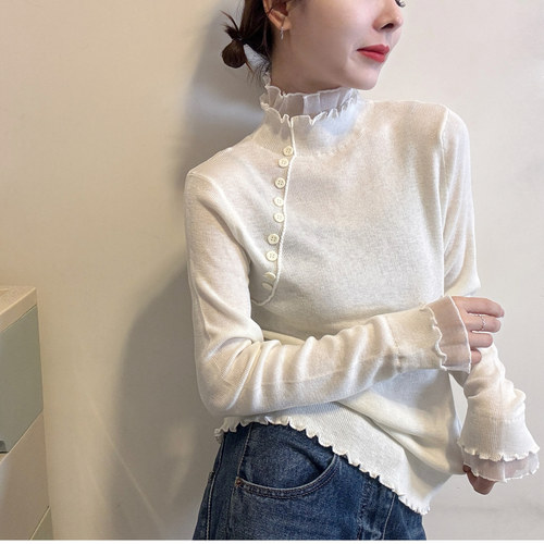 欧洲站2025秋冬新款欧货女温柔气质木耳边立领打底修身羊毛针织衫