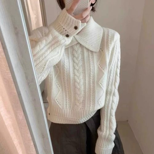 欧洲站2025冬季新款女潮韩版纯色麻花翻领套头100羊毛毛衣针织衫