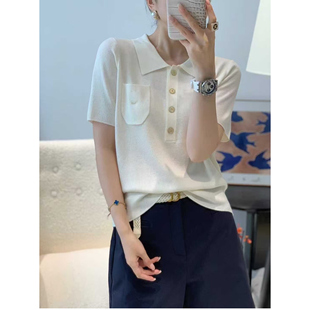 上衣 欧洲站2025早秋新款 欧货女潮时尚 休闲POLO领中袖 羊毛针织衫