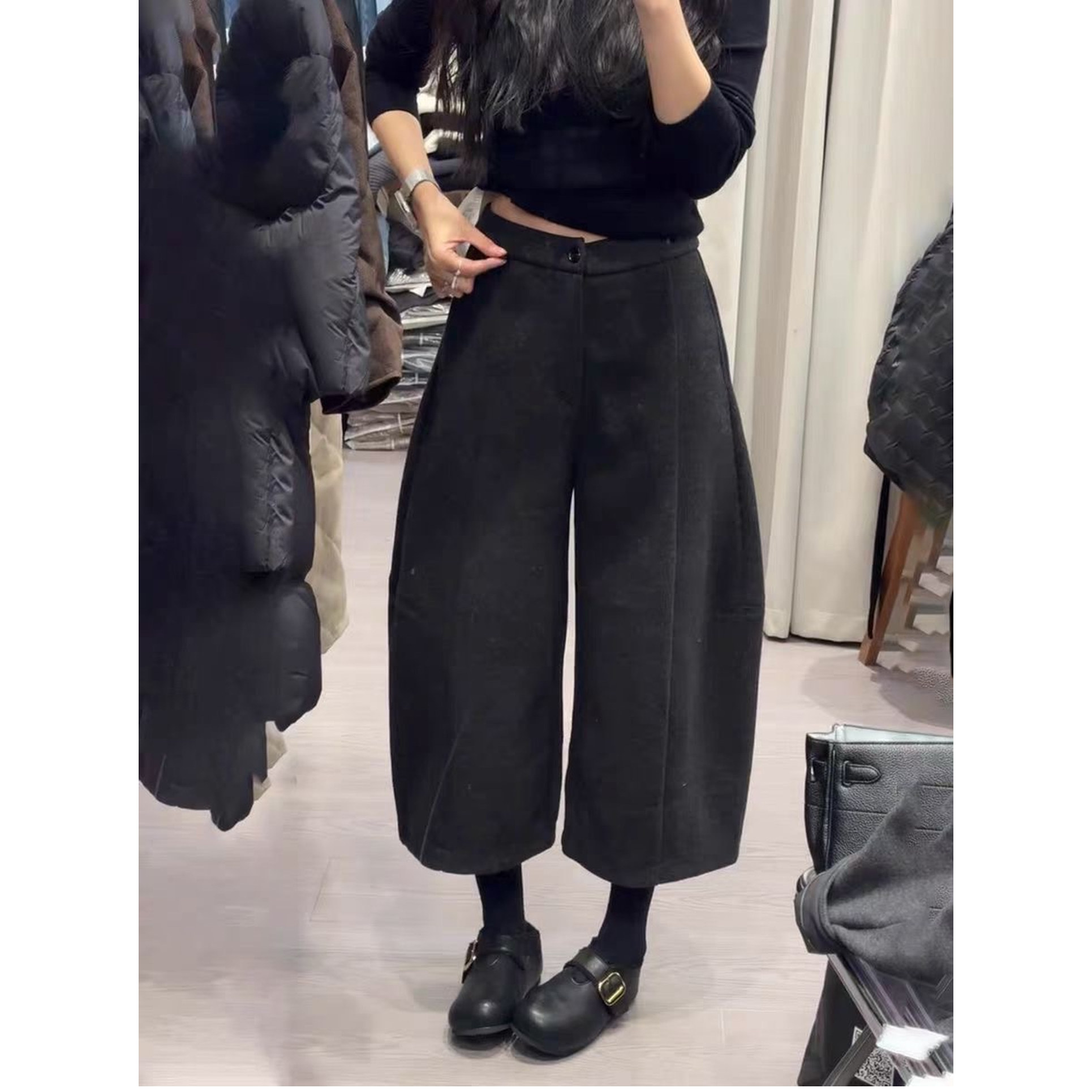 欧洲站2025冬装新款欧货女高腰宽松保暖加绒羊毛弯刀裤休闲八分裤