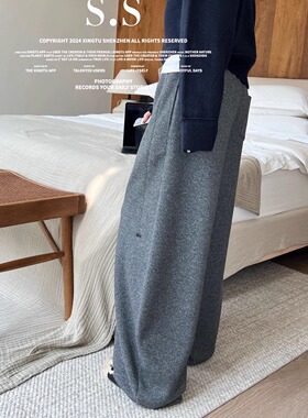 欧洲站2025秋冬新款女松紧腰系带宽松休闲加绒卫裤弯刀裤阔腿裤