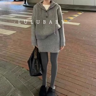 欧洲站2024秋季新款欧货女潮韩版休闲连帽羊毛衫+针织短裙套装