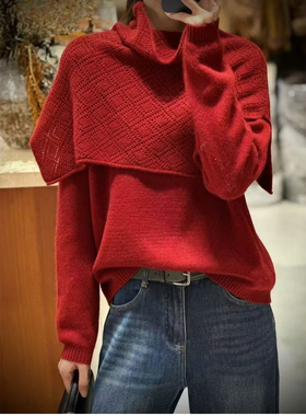 欧洲站2025冬季新款女镂空亮丝斗篷披肩围巾+羊毛毛衣针织衫套装