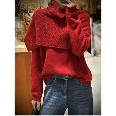 欧洲站2025冬季新款女镂空亮丝斗篷披肩围巾+羊毛毛衣针织衫套装