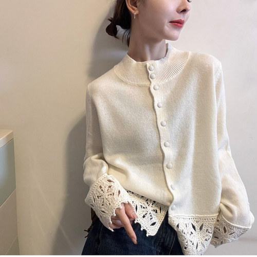 欧洲站2025冬季新款欧货时尚下摆勾花镂空立领羊毛针织开衫毛衣女