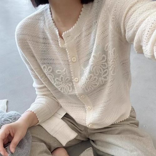 欧洲站2025秋季新款欧货女时尚软糯钩花镂空圆领羊绒毛衣针织开衫