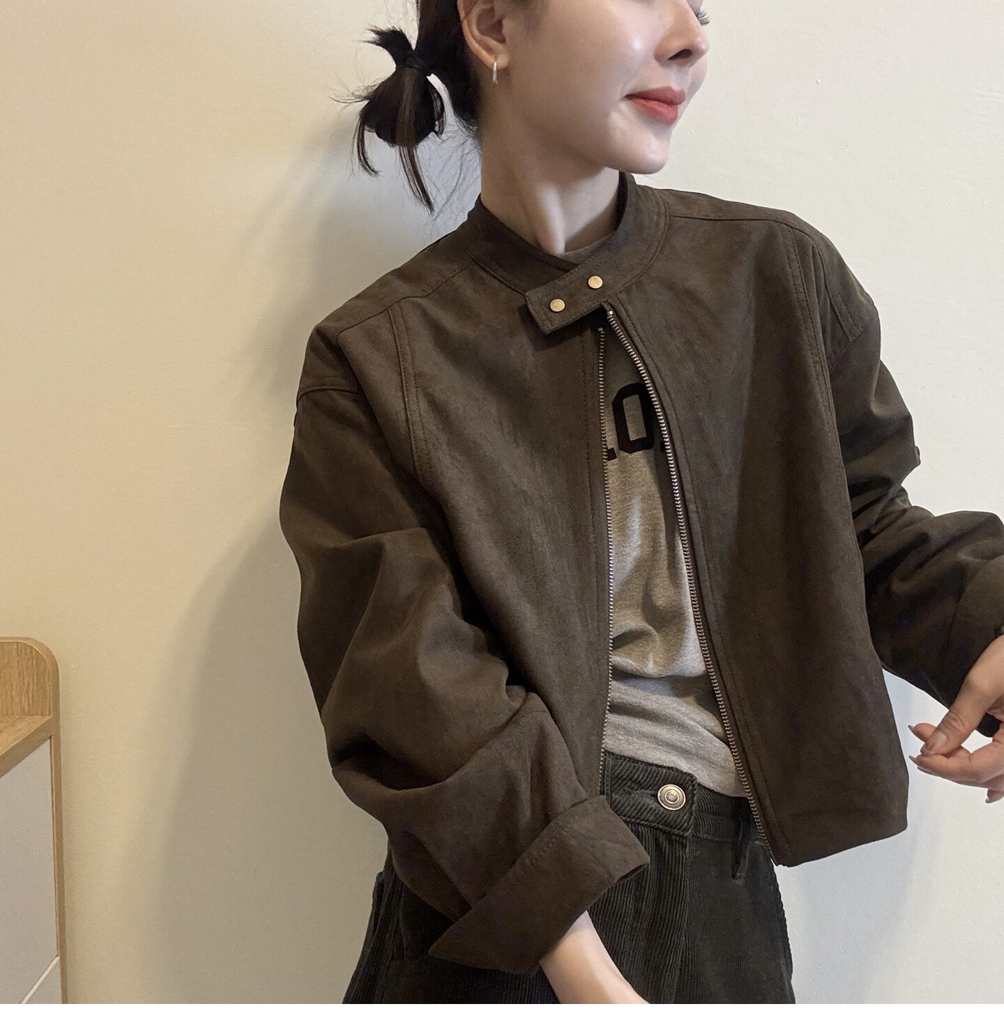 休闲复古麂皮绒圆领短款外套夹克上衣女潮欧洲站2026秋季新款欧货