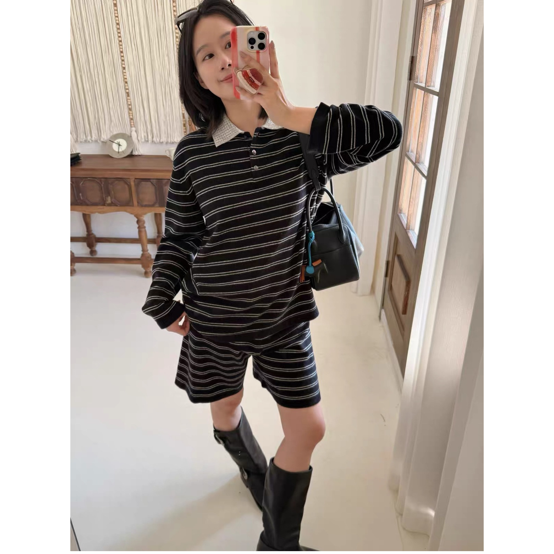 撞色POLO领条纹羊毛羊毛+针织短裤套装女潮欧洲站2026秋季新款