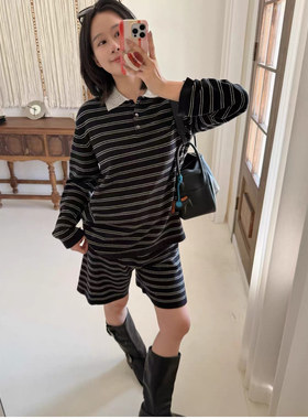 撞色POLO领条纹羊毛羊毛+针织短裤套装女潮欧洲站2026秋季新款