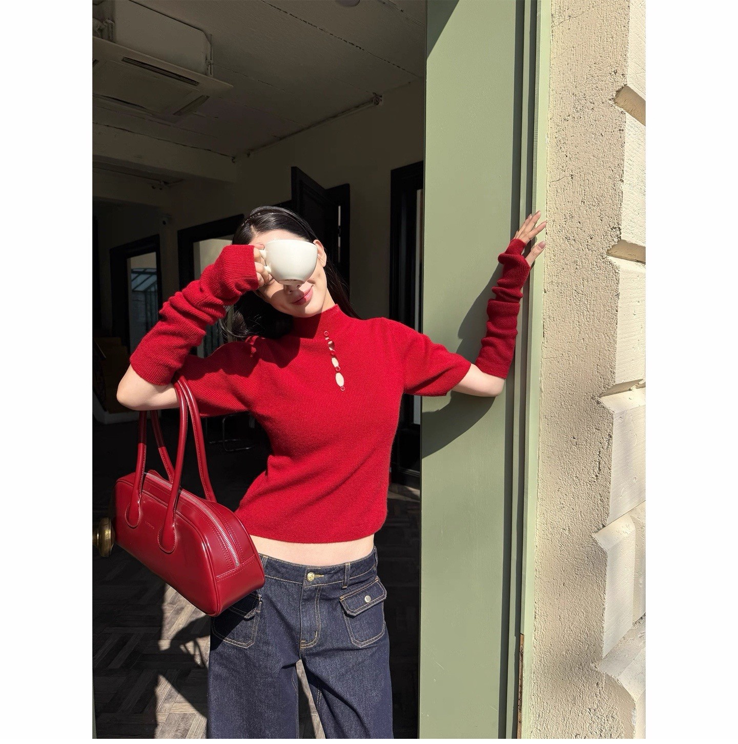 欧洲站2025冬季新款欧货女潮时尚小心机镂空立领袖套羊毛针织衫,女装/女士精品,毛针织衫,淘宝优惠券,粉丝福利购,淘宝优惠卷