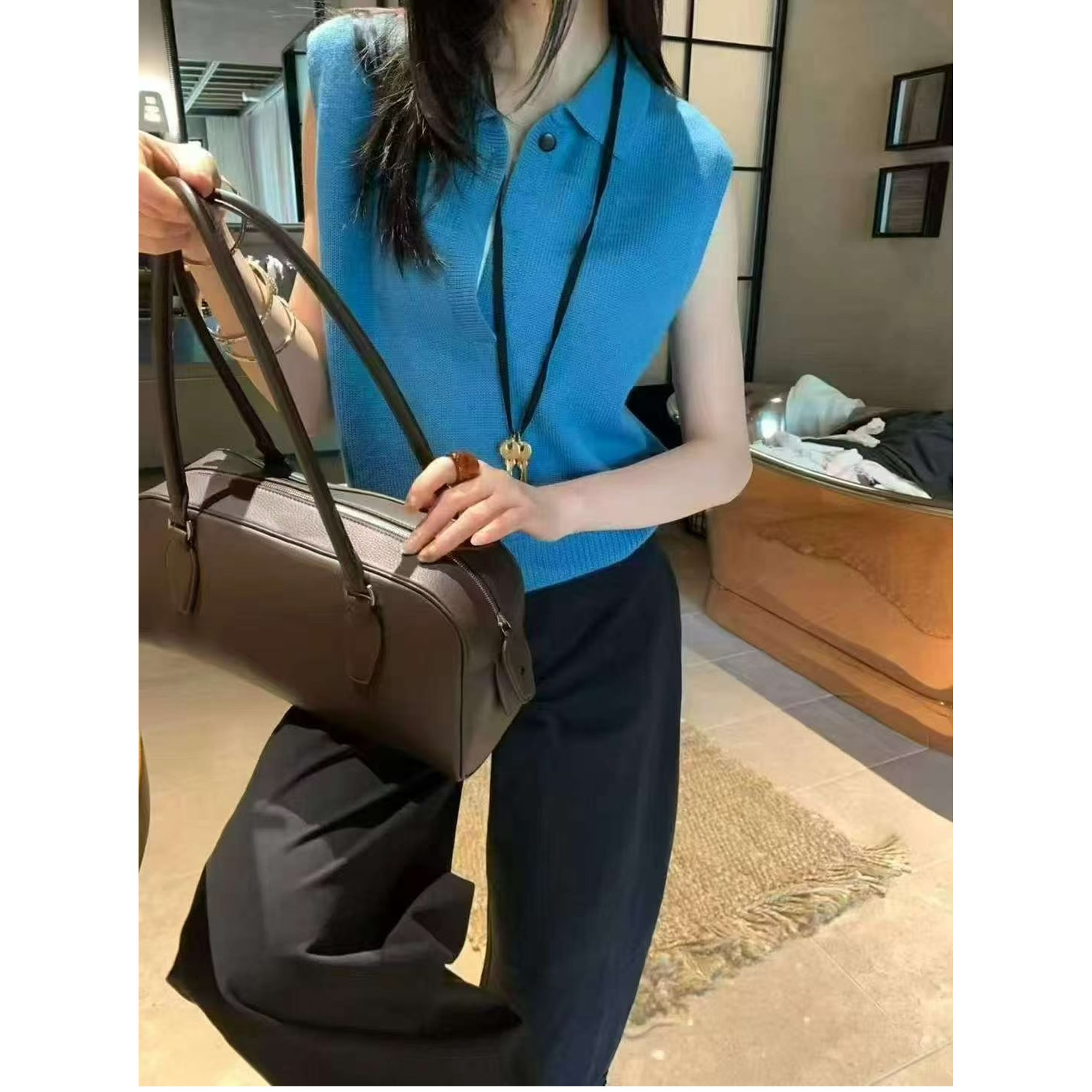 韩版纯色翻领无袖羊毛针织衫马甲背心女欧洲站2026秋季新款上衣