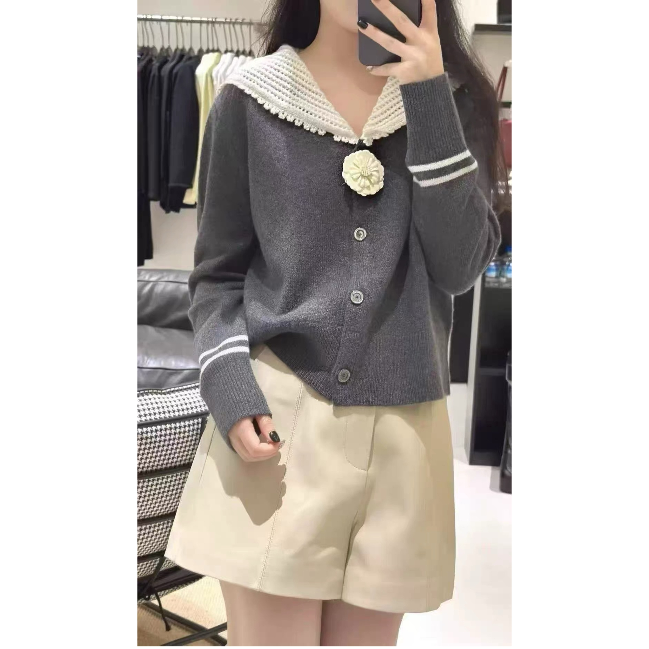 欧洲站2025秋季新款欧货女法式拼色勾花翻领羊毛针织开衫外套毛衣