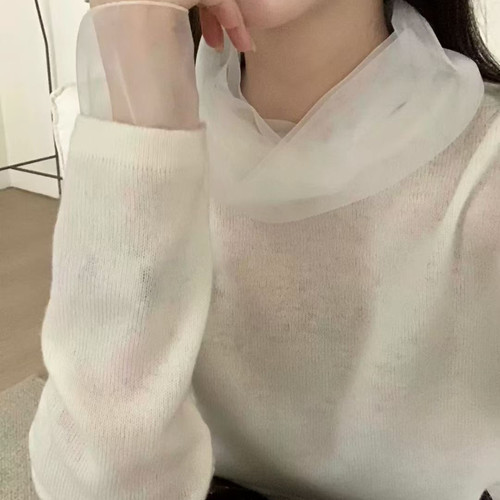 欧洲站2025秋冬新款欧货女潮时尚洋气网纱堆堆领打底羊毛针织衫