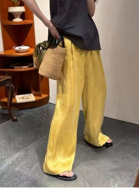 欧洲站2025夏季新款欧货女高腰显瘦宽松醋酸阔腿裤黄色裤子休闲裤