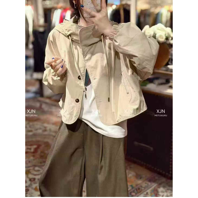 欧洲站2026春季新款欧货女时尚休闲小个子单排扣连帽短款外套风衣