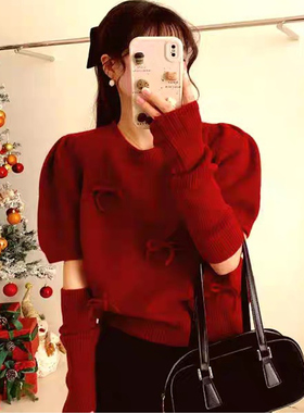 欧洲站2025冬季新款女时尚洋气蝴蝶结拼接袖套羊毛针织衫红色毛衣