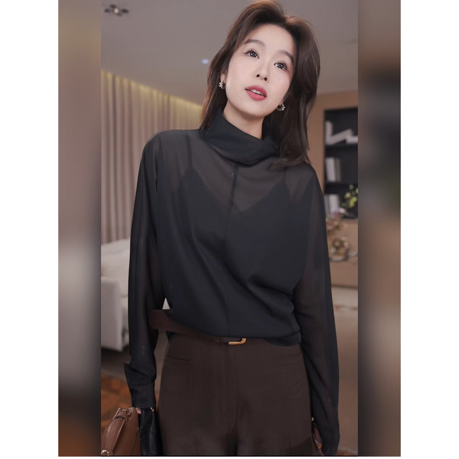 时尚堆堆领套头长袖衬衫女欧洲站2026秋季新款百搭网纱打底衫上衣