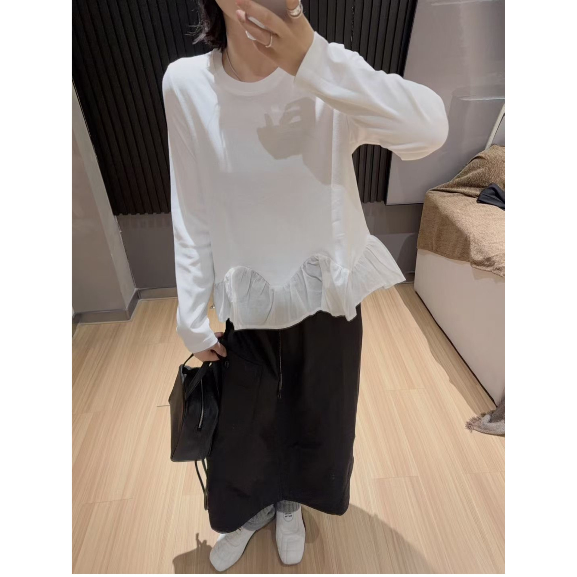 欧洲站2026春季新款欧货女潮时尚休闲荷叶边拼接圆领长袖T恤上衣