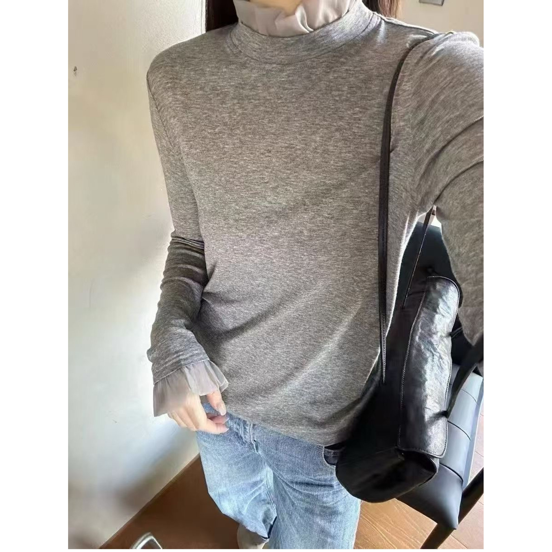欧洲站2025秋季新款欧货女韩版气质木耳边立领长袖天丝T恤打底衫