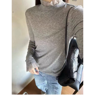 欧洲站2025秋季新款欧货女韩版气质木耳边立领长袖天丝T恤打底衫