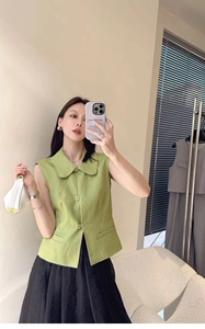 欧洲站2024夏季新款女潮文艺复古娃娃领无袖亚麻衬衫+半身裙套装