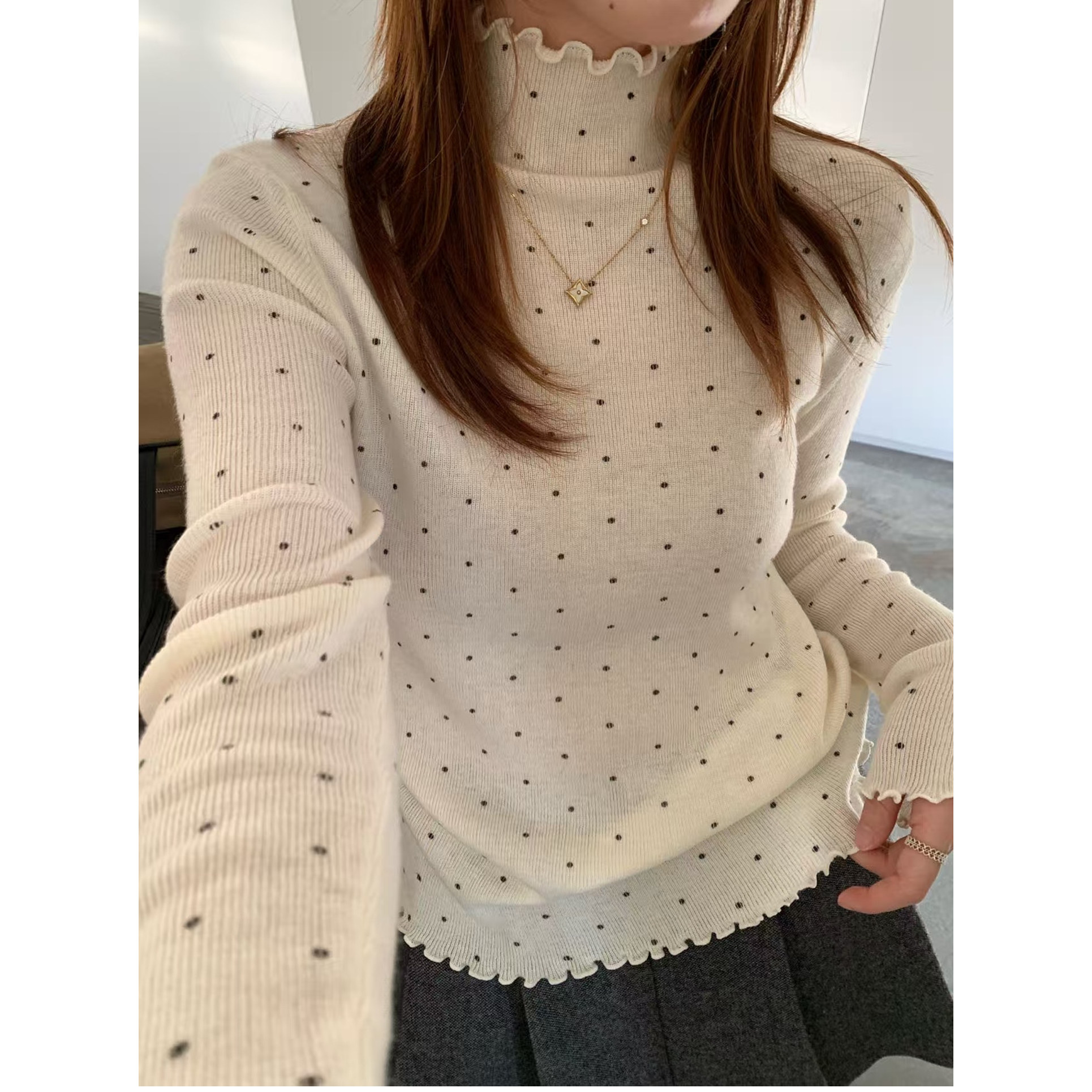韩版甜美木耳边立领波点羊毛针织衫女欧洲站2026秋季新款打底衫