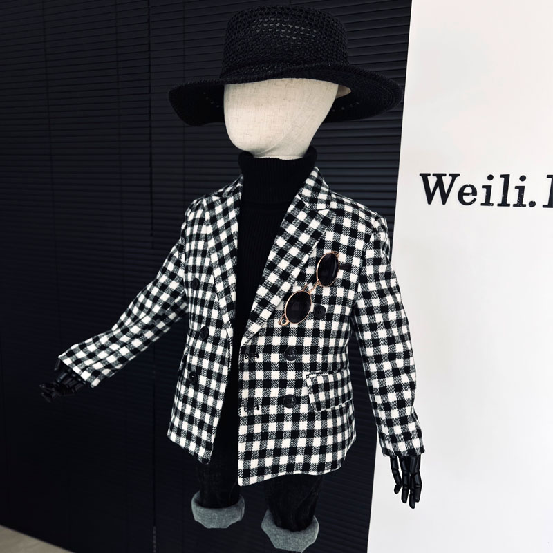 春季新款小西装外套男童格子翻领绅士英伦风西服走秀钢琴表演礼服