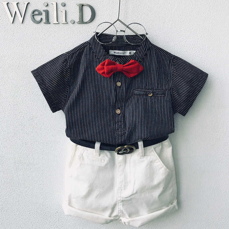 夏季男童条纹短袖衬衫套装 男孩英伦风立领薄款抓周礼服钢琴花童