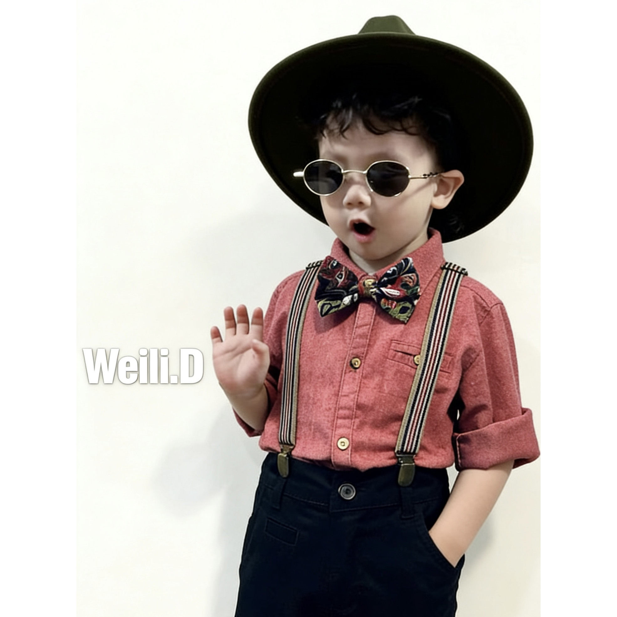 秋季洋气男宝宝红色周岁礼服套装 长袖衬衫黑色背带长裤演出服帅